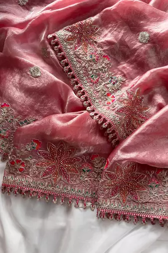 Pink Color Embroidered Satin Silk Saree Collection