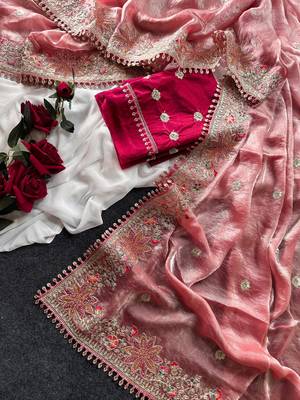 Pink Color Embroidered Satin Silk Saree Collection 4