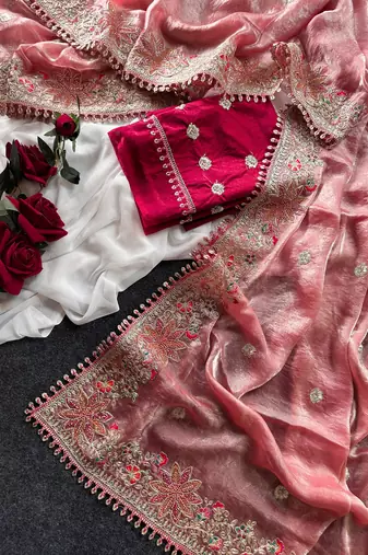 Pink Color Embroidered Satin Silk Saree Collection