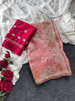 Pink Color Embroidered Satin Silk Saree Collection 5