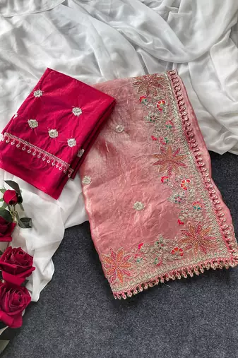Pink Color Embroidered Satin Silk Saree Collection