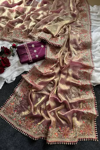 Golden Pink Color Embroidered Satin Silk Saree Collection