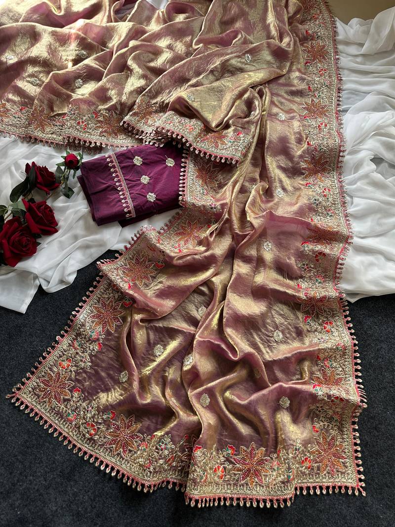 Golden Pink Color Embroidered Satin Silk Saree Collection