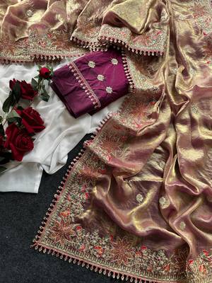 Golden Pink Color Embroidered Satin Silk Saree Collection 2