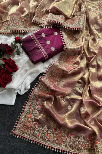 Golden Pink Color Embroidered Satin Silk Saree Collection