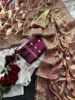 Golden Pink Color Embroidered Satin Silk Saree Collection 3