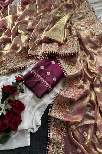 Golden Pink Color Embroidered Satin Silk Saree Collection