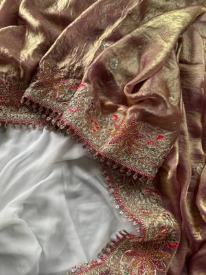 Golden Pink Color Embroidered Satin Silk Saree Collection 4