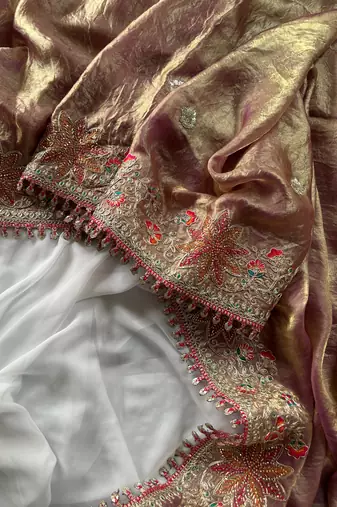 Golden Pink Color Embroidered Satin Silk Saree Collection