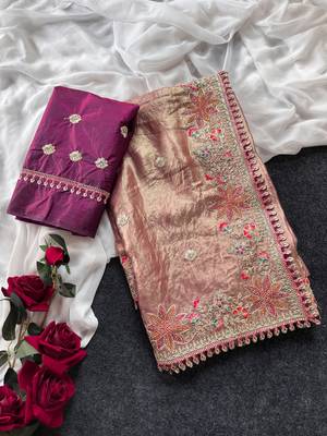 Golden Pink Color Embroidered Satin Silk Saree Collection 5