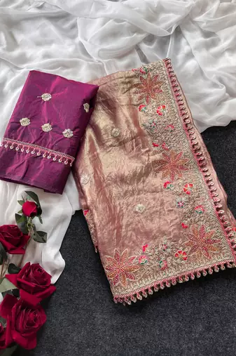 Golden Pink Color Embroidered Satin Silk Saree Collection