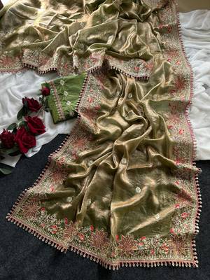 Olive Green Color Embroidered Satin Silk Saree Collection 1