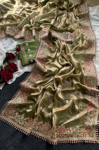 Olive Green Color Embroidered Satin Silk Saree Collection