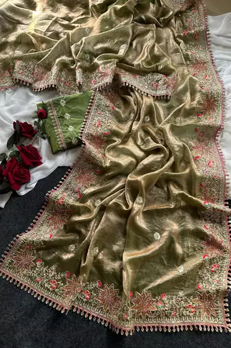 Olive Green Color Embroidered Satin Silk Saree Collection