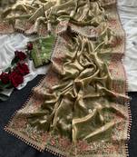 Olive Green Color Embroidered Satin Silk Saree Collection