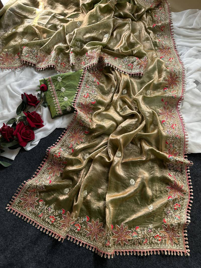 Olive Green Color Embroidered Satin Silk Saree Collection