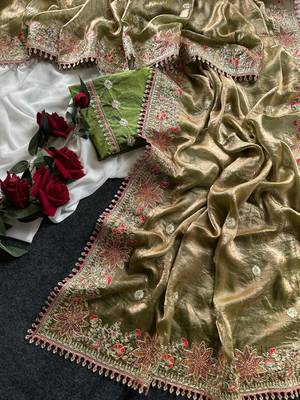 Olive Green Color Embroidered Satin Silk Saree Collection 2