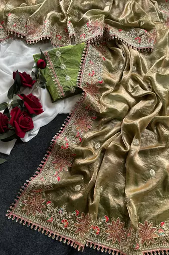 Olive Green Color Embroidered Satin Silk Saree Collection