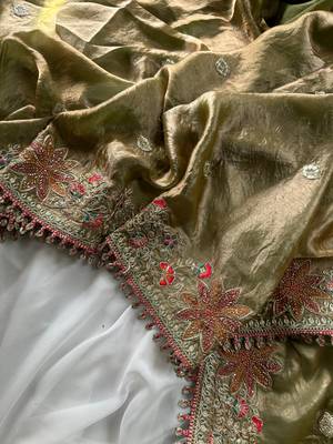 Olive Green Color Embroidered Satin Silk Saree Collection 3