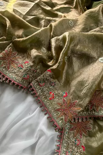Olive Green Color Embroidered Satin Silk Saree Collection