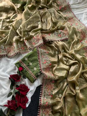 Olive Green Color Embroidered Satin Silk Saree Collection 4