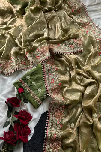 Olive Green Color Embroidered Satin Silk Saree Collection