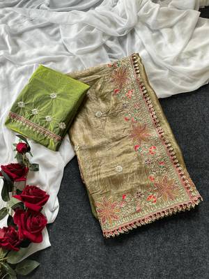 Olive Green Color Embroidered Satin Silk Saree Collection 5