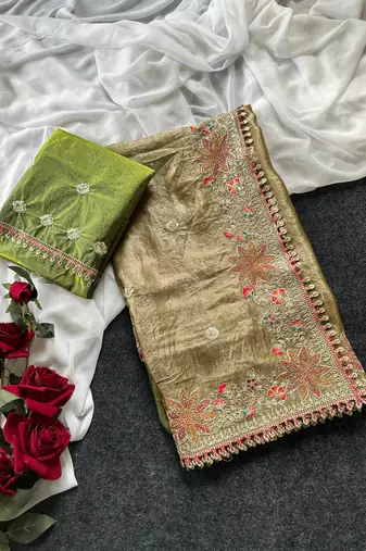 Olive Green Color Embroidered Satin Silk Saree Collection