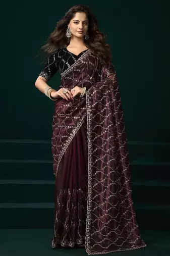 Wine thread work net party wear saree with velvet blouse