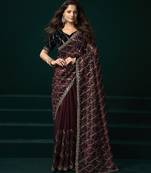 Wine thread work net party wear saree with velvet blouse