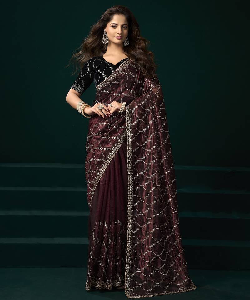 Wine thread work net party wear saree with velvet blouse