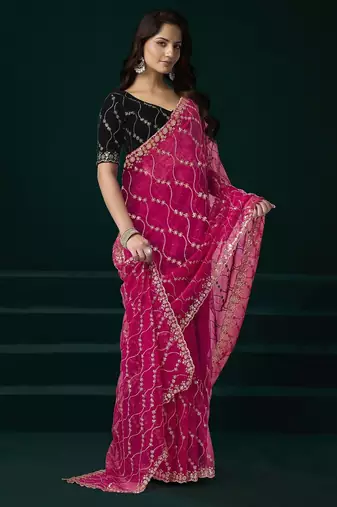 Pink thread work net party wear saree with velvet blouse