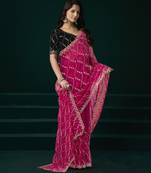 Pink thread work net party wear saree with velvet blouse