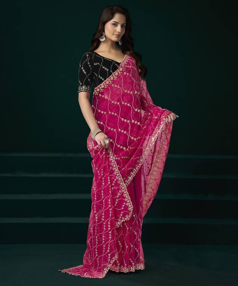 Pink thread work net party wear saree with velvet blouse