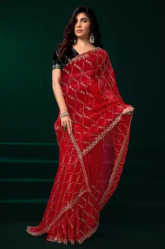 Red thread work net party wear saree with velvet blouse