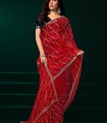 Red thread work net party wear saree with velvet blouse