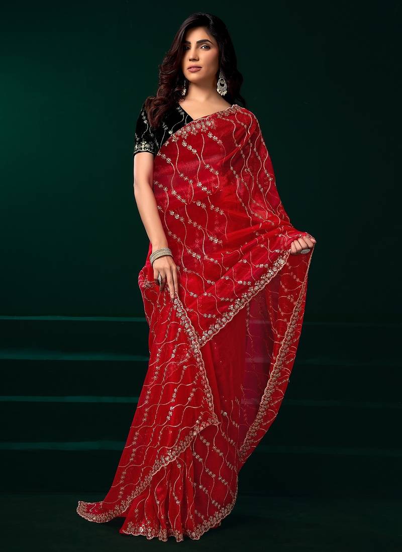 Red thread work net party wear saree with velvet blouse