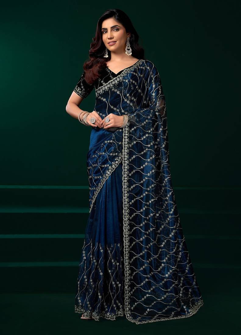Blue thread work net party wear saree with velvet blouse