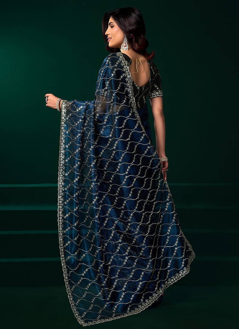 Blue thread work net party wear saree with velvet blouse
