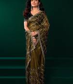 Green thread work net party wear saree with velvet blouse