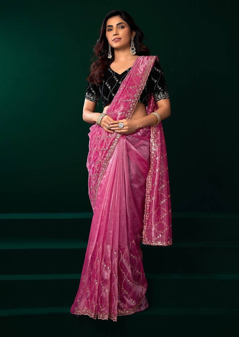 Pink thread work net party wear saree with velvet blouse