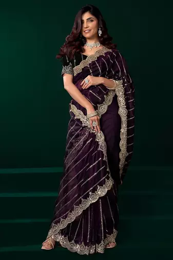 Wine thread work net party wear saree with velvet blouse