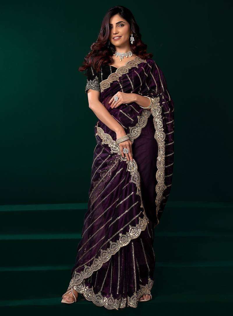 Wine thread work net party wear saree with velvet blouse