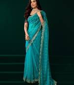 Turquoise thread work net party wear saree with velvet blouse