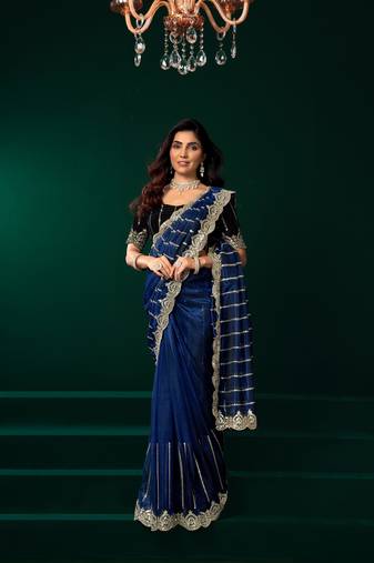 Blue thread work net party wear saree with velvet blouse