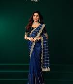 Blue thread work net party wear saree with velvet blouse