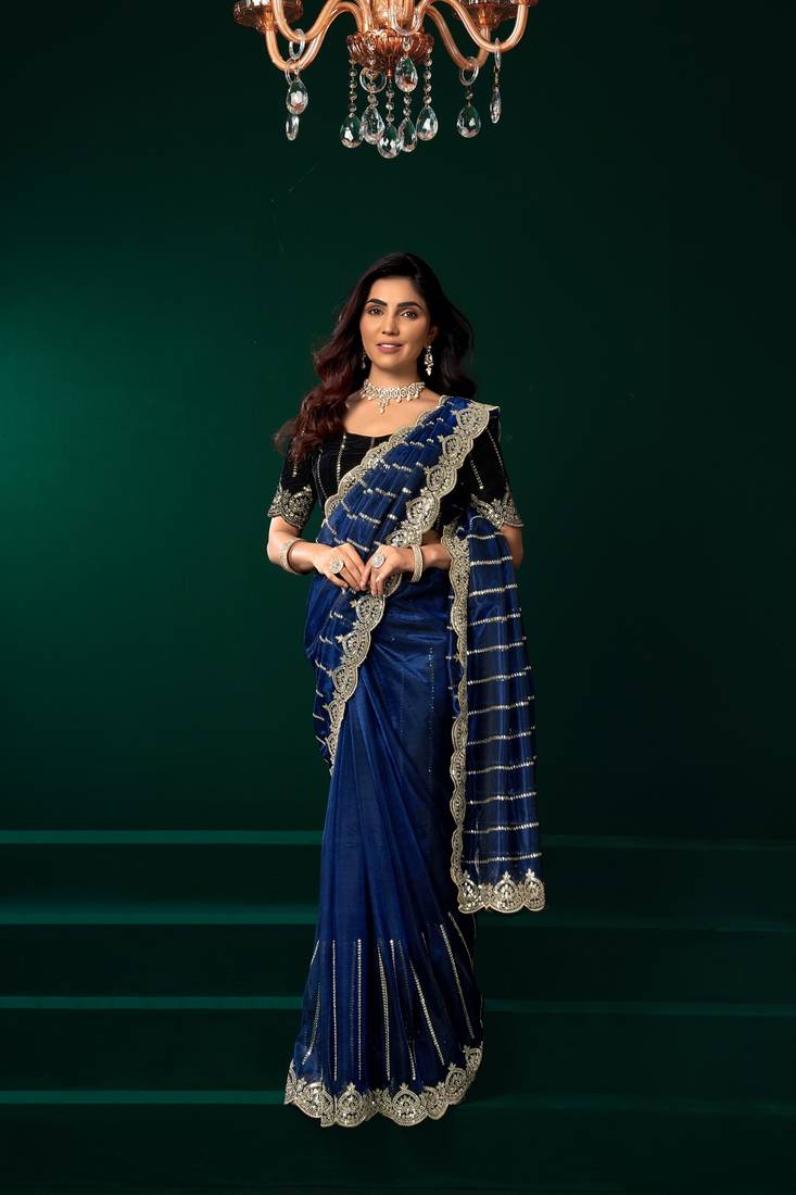 Blue thread work net party wear saree with velvet blouse