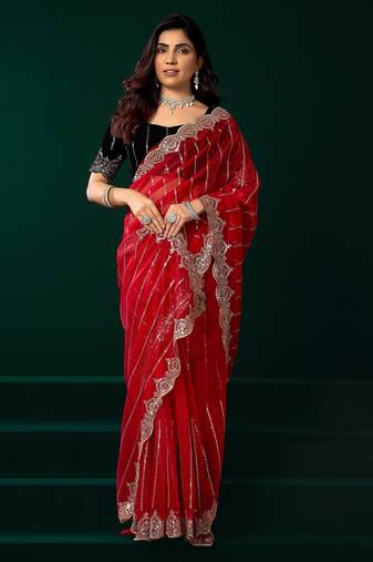 Red thread work net party wear saree with velvet blouse