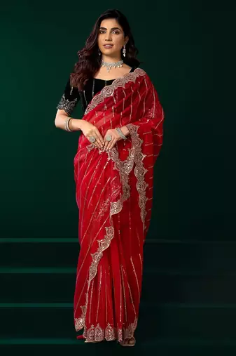 Red thread work net party wear saree with velvet blouse