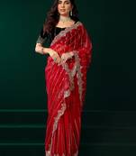 Red thread work net party wear saree with velvet blouse